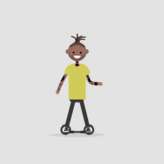 Young character rides on skate cycle.flat cartoon design