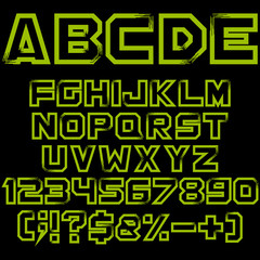Green alphabet, numbers and signs. Isolated vector objects on black background.