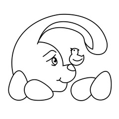 easter bunny with eggs, looking at small bird singing icon poster. Easter themed vector illustration for gift card, flyer, certificate or banner, icon, logo, patch, sticker