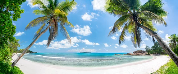 Papier Peint photo Bora Bora, Polynésie française Plage de palmiers tropicaux dans le Pacifique Sud avec vue sur la mer