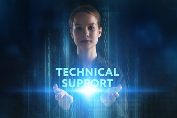 The concept of business, technology, the Internet and the network. A young entrepreneur working on a virtual screen of the future and sees the inscription: Technical support