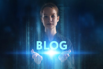 The concept of business, technology, the Internet and the network. A young entrepreneur working on a virtual screen of the future and sees the inscription: Blog
