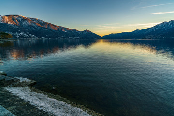 Winter view of lago maggiore and swiss alps in Ascona