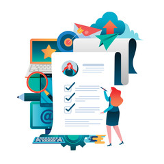 People fill out a form. Online application. Women Female Flat cartoon character graphic design. Landing page,banner,flyer,poster,web page