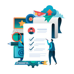 People fill out a form. Online application. Man Male Flat cartoon character graphic design. Landing page,banner,flyer,poster,web page