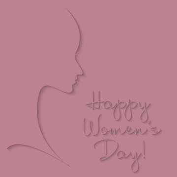 Contour of the person face and the inscription Happy Women's Day. Pink festive background. Vector illustration for March 8 or Mother's Day.