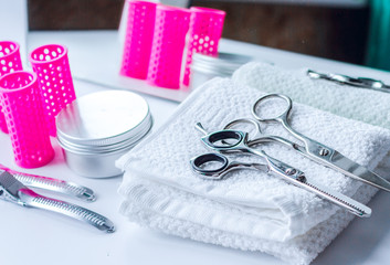 hairdresser working desk preparation for cutting hair
