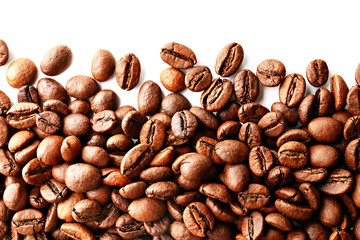 Roasted brown coffee beans scattered on white table with a lot copy space for text. Flat lay composition. Close up, top view, background.
