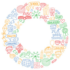 Vector set of learning English language, children's drawing icons in doodle style. Painted, colorful, pictures on a piece of paper on white background.