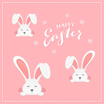 Lettering Happy Easter with Rabbits on Pink Background