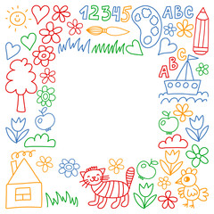 Kindergarten pattern, drawn kids garden elements pattern, doodle drawing, vector illustration, colorful.