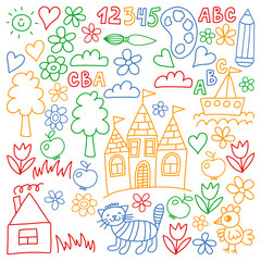Obraz na płótnie Canvas Kindergarten pattern, drawn kids garden elements pattern, doodle drawing, vector illustration, colorful.
