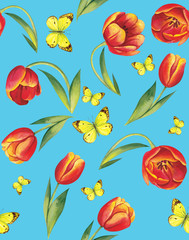  Watercolor spring pattern with yellow butterflies and red tulips on a blue background.