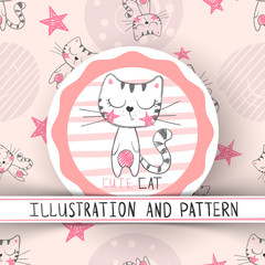 Cute cat - cartoon seamless pattern