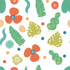 Exotic flowers hibiscus and plumeria banana leaves blue lime color tropical seamless pattern. Beach party background