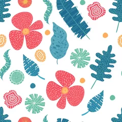 Fototapeten Exotic flowers hibiscus and plumeria banana leaves blue lime color tropical seamless pattern. Beach party background © mariaassorova