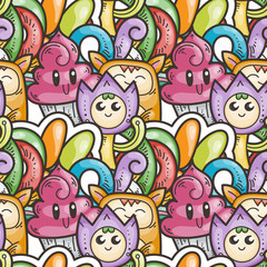 Seamless vector pattern with cute cartoon monsters and beasts. Nice for packaging, wrapping paper, coloring pages, wallpaper, fabric, fashion, home decor, prints etc