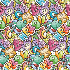 Seamless vector pattern with cute cartoon monsters and beasts. Nice for packaging, wrapping paper, coloring pages, wallpaper, fabric, fashion, home decor, prints etc