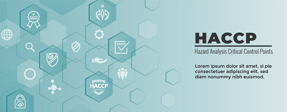HACCP - Hazard Analysis Critical Control Points icon set and web header banner with award or checkmark