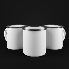 Three white enamel metal mugs on black background. Blank cup for branding. 3d rendering