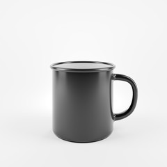 Black enamel metal mug on white background. Blank cup for branding. 3d rendering
