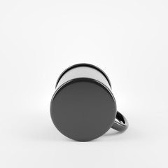 Bottom of black enamel metal mug on white background. Blank cup for branding. 3d rendering