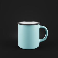 Light blue enamel metal mug on black background. Blank cup for branding. 3d rendering