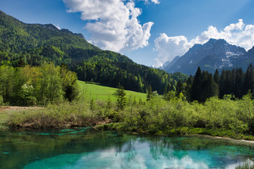 Fototapeta na wymiar The Sava River source in Slovenia. Beautiful lake and surroundings, landscape image. 