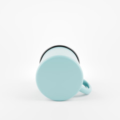 Bottom of blue enamel metal mug on white background. Blank cup for branding. 3d rendering