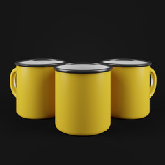 Three yellow enamel metal mugs on black background. Blank cup for branding. 3d rendering
