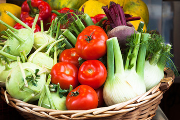 Fresh produce in wicker basket from local farmer's market. Mediterranean diet.