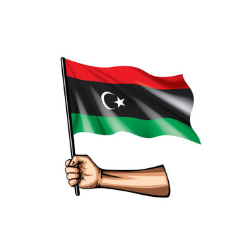 Libya flag and hand on white background. Vector illustration