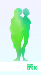 Watercolor of conceptual fat overweight obese female and slim fit healthy body after weight loss or diet. A fitness, nutrition or fatness obesity.