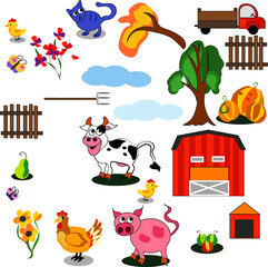 Fototapeta premium Farm animals illustration, Stickers with domestic animals, Colorful set of farm animals. Barn and trees on a white background. Doodles and sets for the design of the farm.