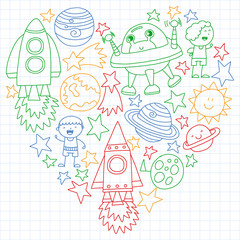 Vector set of space elements icons in doodle style. Painted, colorful, pictures on a sheet of checkered paper on a white background.