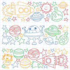 Vector set of space elements icons in doodle style. Painted, colorful, pictures on a sheet of checkered paper on a white background.