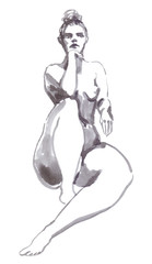 Traditional sketch of a sitting female model. Black and white illustration painted in watercolor on clean white background