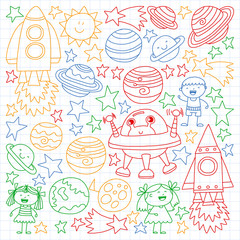 Vector set of space elements icons in doodle style. Painted, colorful, pictures on a sheet of checkered paper on a white background.