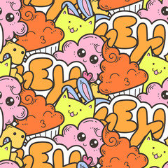 Seamless vector pattern with cute cartoon monsters and beasts. Nice for packaging, wrapping paper, coloring pages, wallpaper, fabric, fashion, home decor, prints etc