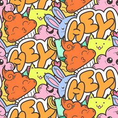 Seamless vector pattern with cute cartoon monsters and beasts. Nice for packaging, wrapping paper, coloring pages, wallpaper, fabric, fashion, home decor, prints etc