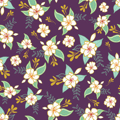 Fototapeta na wymiar Vector of seamless floral pattern with jasmine blooming on purple background. Design for textile, fabric, decoration, wallpaper, wrapping, scrapbook, and packaging.