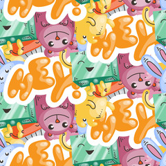 Naklejka premium Seamless vector pattern with cute cartoon monsters and beasts. Nice for packaging, wrapping paper, coloring pages, wallpaper, fabric, fashion, home decor, prints etc