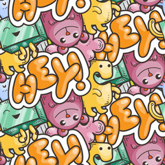 Seamless vector pattern with cute cartoon monsters and beasts. Nice for packaging, wrapping paper, coloring pages, wallpaper, fabric, fashion, home decor, prints etc