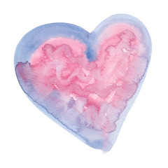 Pale pink heart with blue outline painted in watercolor on clean white background
