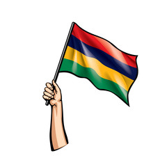 Mauritius flag and hand on white background. Vector illustration