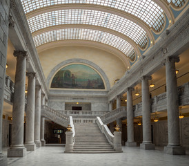 State of Utah Capitol hill complex in Salt Lake City, historic exterior and rotunda dome interior...