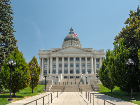 State Of Utah Capitol Hill Complex In Salt Lake City, Historic Exterior And Rotunda Dome Interior With House, Senate And Soupreme Court Chamber, Staircase, And Paintings, Tourist Visitors