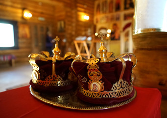Wedding crowns, on the table in the temple.