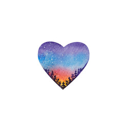 Colorful landscape in the shape of a heart with forest and sunrise