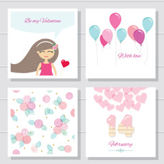 Cute cartoon Valentines day or birthday cards and templates set.
